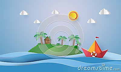 Paper sailing boat in the sea with mountain. Vector Illustration