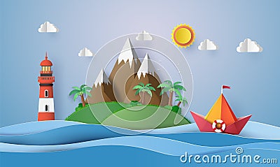 Paper sailing boat in the sea with lighthouse. Vector Illustration