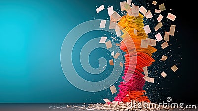 Colorful paper stacks collapsing create dynamic visual of chaos and creativity Stock Photo