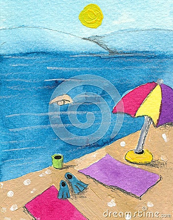 Colorful parasol on the beach Cartoon Illustration