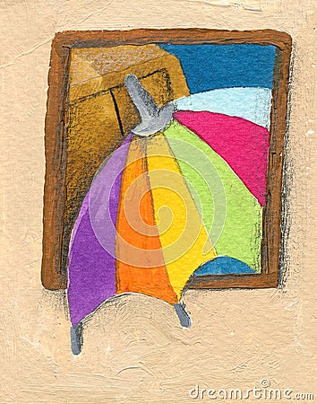 Colorful parasol peeping through the window Cartoon Illustration