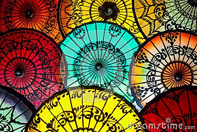 Colorful Parasols at Traditional Asian Market in Bagan, Myanmar Stock Photo