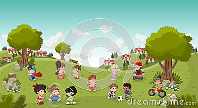 Colorful park in the city with cartoon children playing Vector Illustration