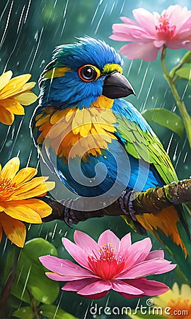 A colorful parrot perched in a rain-soaked flower tree and lush greenery in the background Cartoon Illustration