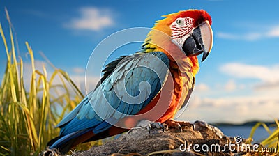 Colorful Parrot Perched On Rock: Unreal Engine Render With Realistic Detailing Stock Photo