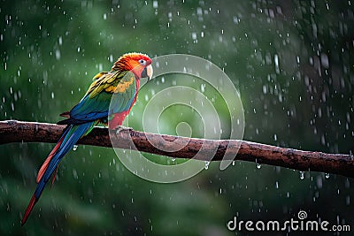 Colorful parrot sitting on a branch in the rain. Stock Photo