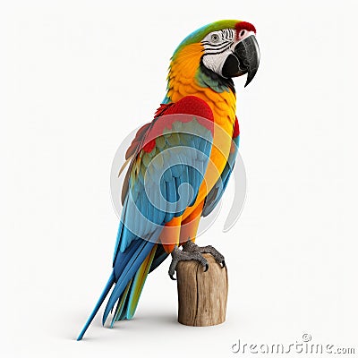 Colorful Parrot On Stump: Vray Tracing, Realistic Detailing, Commercial Imagery Stock Photo