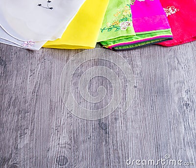 Colorful part of korean dress on wood background Stock Photo