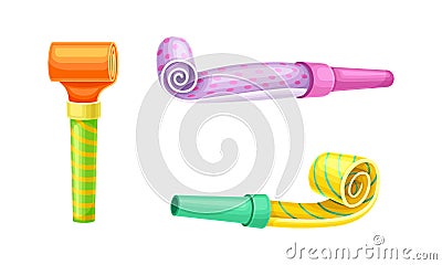 Colorful party blowers set. Happy party, holiday celebration symbol cartoon vector illustration Vector Illustration
