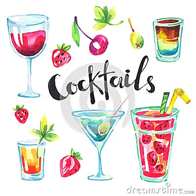 Colorful party collection. Watercolor tropical cocktails and berries. Modern summer set for holiday card, postcard Cartoon Illustration