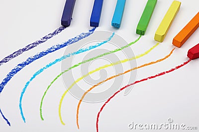 Colorful pastel chalks and lines on white background. Drawing materials Stock Photo