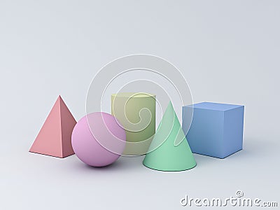 Colorful Pastel Geometry 3D Graphic Shapes Cube Pyramid Cone Cylinder Sphere isolated on white background Stock Photo