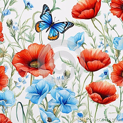 colorful pattern, cornflowers, poppies, butterfly Stock Photo