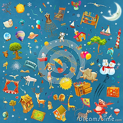 Colorful pattern with different kind of objects Cartoon Illustration