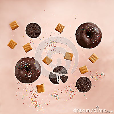 Colorful Pattern made of Donut, Chocolate Cookie and Candy Stock Photo