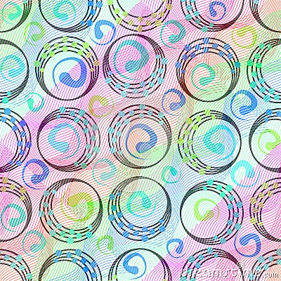 Colorful patterns with rainbow line waves and circles with multicolored dots Stock Photo