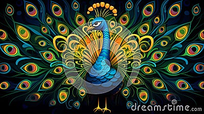 A colorful peacock illustration facing forward with tail feathers that have patterns Cartoon Illustration