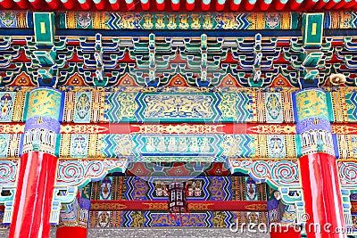 Colorful pediment of Chinese Temple Stock Photo