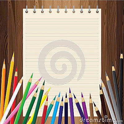 Colorful pencil with yellow paper on lath boards. Vector Illustration