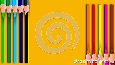 Colorful pencils with copy space isolated on brown background, education frame concept. Vector pencil colors background art style. Stock Photo