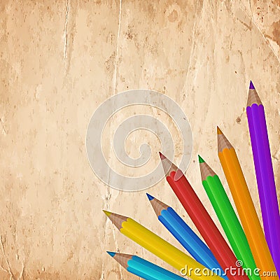 Colorful pencils on the old paper background Cartoon Illustration