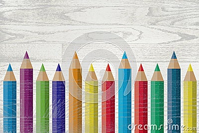 Colorful Pencils Painted Over Whitewashed Boards Stock Photo