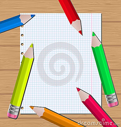 Colorful pencils on paper sheet background Vector Illustration