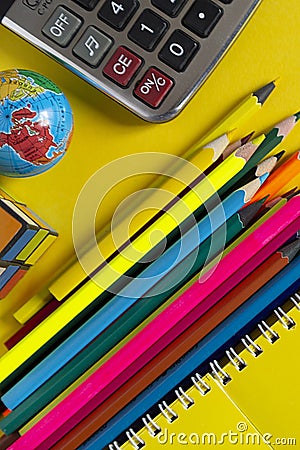 Colorful pencils and stationery products on the desk Stock Photo