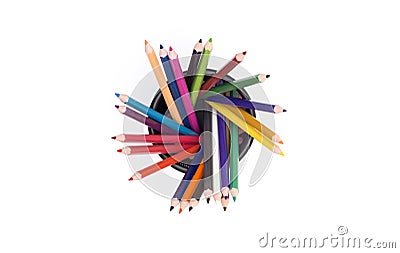Colorful pencils top view with holder on white background top view Stock Photo