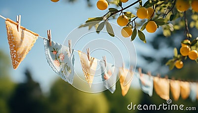 colorful pennant string decoration in green tree generative AI Stock Photo