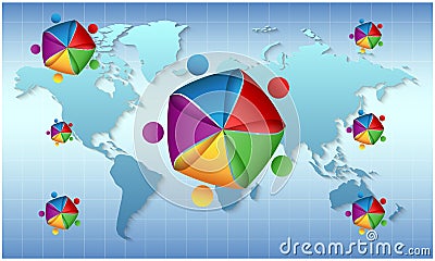 Colorful pentagon with dots on world map background Vector Illustration