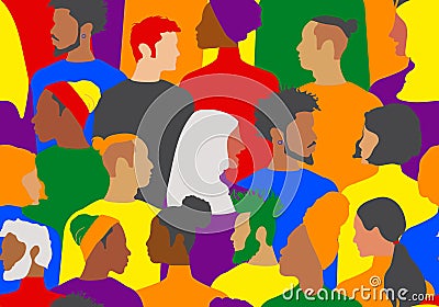 A variety of modern women and men of different nationalities and religions are painted in the colors of the rainbow. Vector Illustration