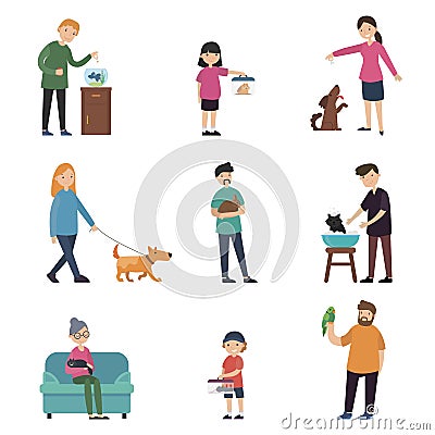 Colorful People And Pets Collection Vector Illustration