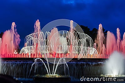 Colorful performance of Magic Fountain of Montjuic in Barcelona Stock Photo