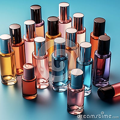 Colorful Perfume or oil Sample bottles in the bulk image. Created with generative AI technology. Stock Photo