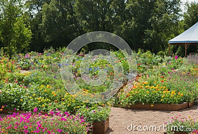 Colorful permaculture garden with a focus on vegetable patches and flower beds. AI generated. Stock Photo