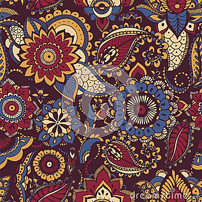 Colorful Persian paisley seamless pattern with buta motif and oriental floral mehndi elements on dark background. Motley Vector Illustration