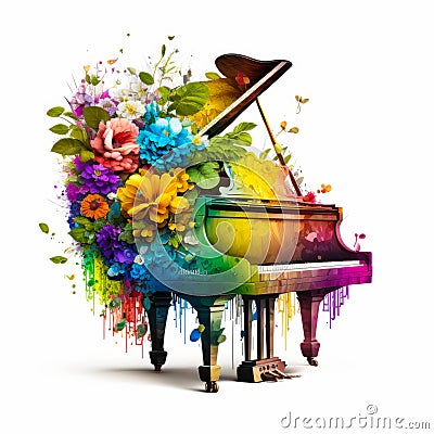 Colorful piano with flowers painted on it. Generative AI Stock Photo