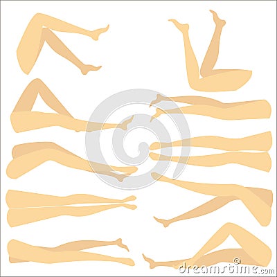 A colorful picture with silhouettes of slender beautiful female feet. Different forms of legs when the girl lies on her back and Cartoon Illustration