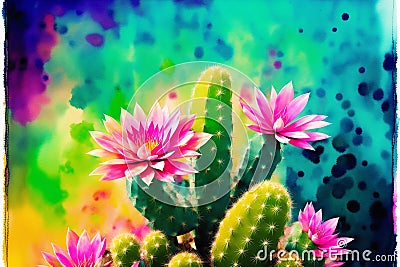 A colorful picture of a variety of cactuses. A colorful cactus painting. Watercolor paint. Digital art, Generative AI Stock Photo