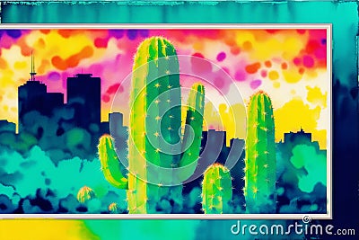 A colorful picture of a variety of cactuses. A colorful cactus painting. Watercolor paint. Digital art, Generative AI Stock Photo