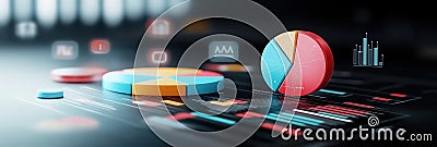 Colorful pie charts, icons illustrate customer data analysis. Visual tech elements displayed on dark tech interface. 3D Cartoon Illustration