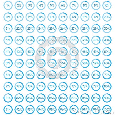 Colorful pie charts. Ux percent download, dashboard for app, web. Performance analysis in percent. Set of blue percentage diagrams Vector Illustration
