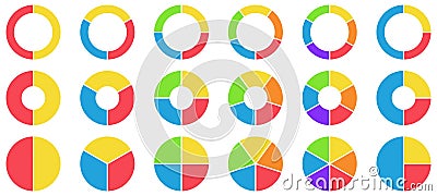 Colorful pie and donut charts. Circle chart, circle sections and round donuts chart pieces. Business infographic vector set Vector Illustration
