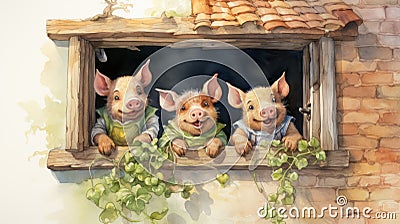 Whimsical Watercolor Illustration: Three Pigs Peeking Out Of Window Cartoon Illustration