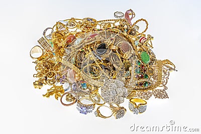 Colorful Pile of Beautiful Vintage Gold Jewelry Stock Photo