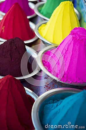 Colorful Piles of Indian Bindi Powder at Local Market Stock Photo