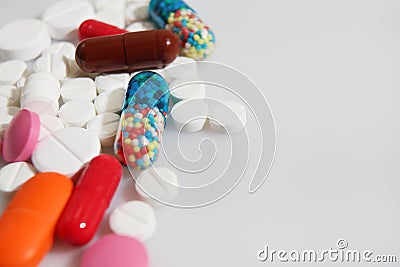 Colorful pills closeup on white background Stock Photo