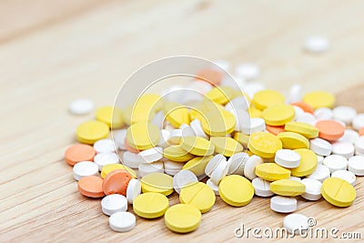 Colorful pills and drugs in close up. Assorted pills and drugs in medicine. Opioid and prescription medication addiction epidemic Stock Photo