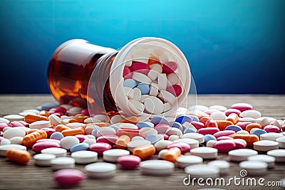 Colorful pills spilling out of pill bottle on wooden table with blue background, Prescription opioids with many bottles of pills Stock Photo